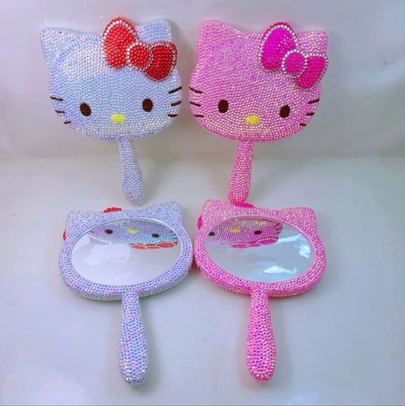 Hello Kitty Rhinestone Hand Mirror Classic With Red Bow Bewjeled Beauty Mirror - Picture 7 of 9